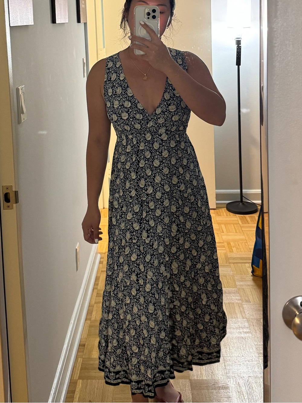 Max Studio Navy Floral V-Neck Maxi Dress